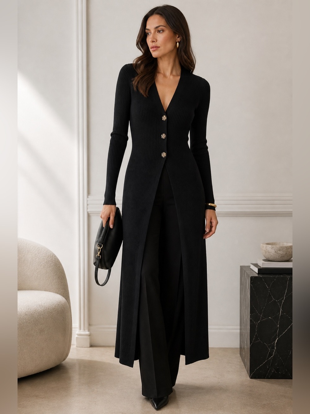 Linen blend longline buttoned black buttoned duster cardigan
